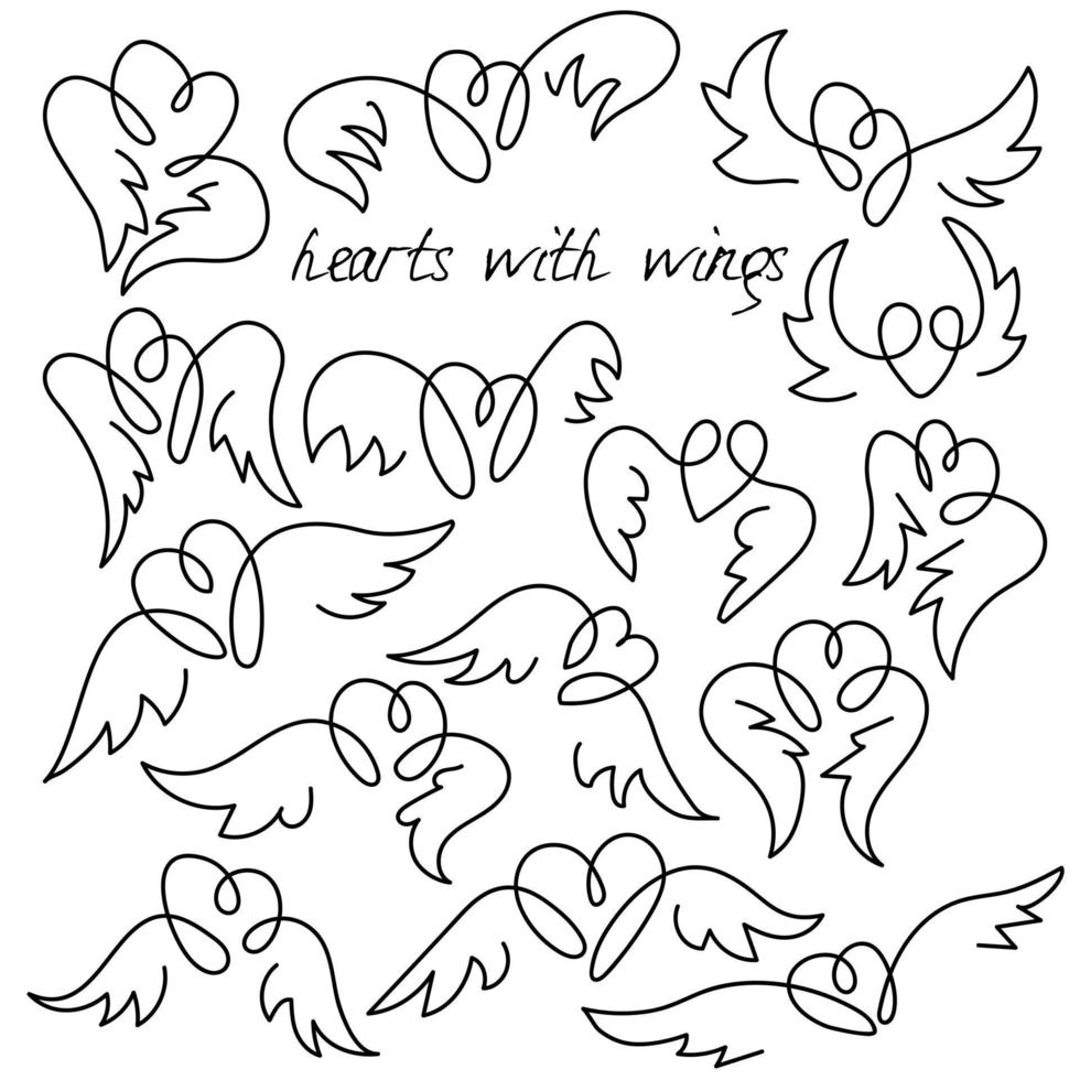 A set of hearts with wings in different poses. Contour lines with an inscription and text. 15 elements of hearts. vector