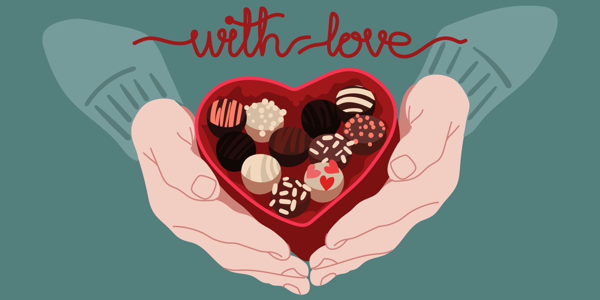 In the hands of chocolates a gift from a guy for Valentine's Day. A gift for lovers from the bottom of their hearts. The inscription is for you. Print a postcard, banner, flyer. information vector