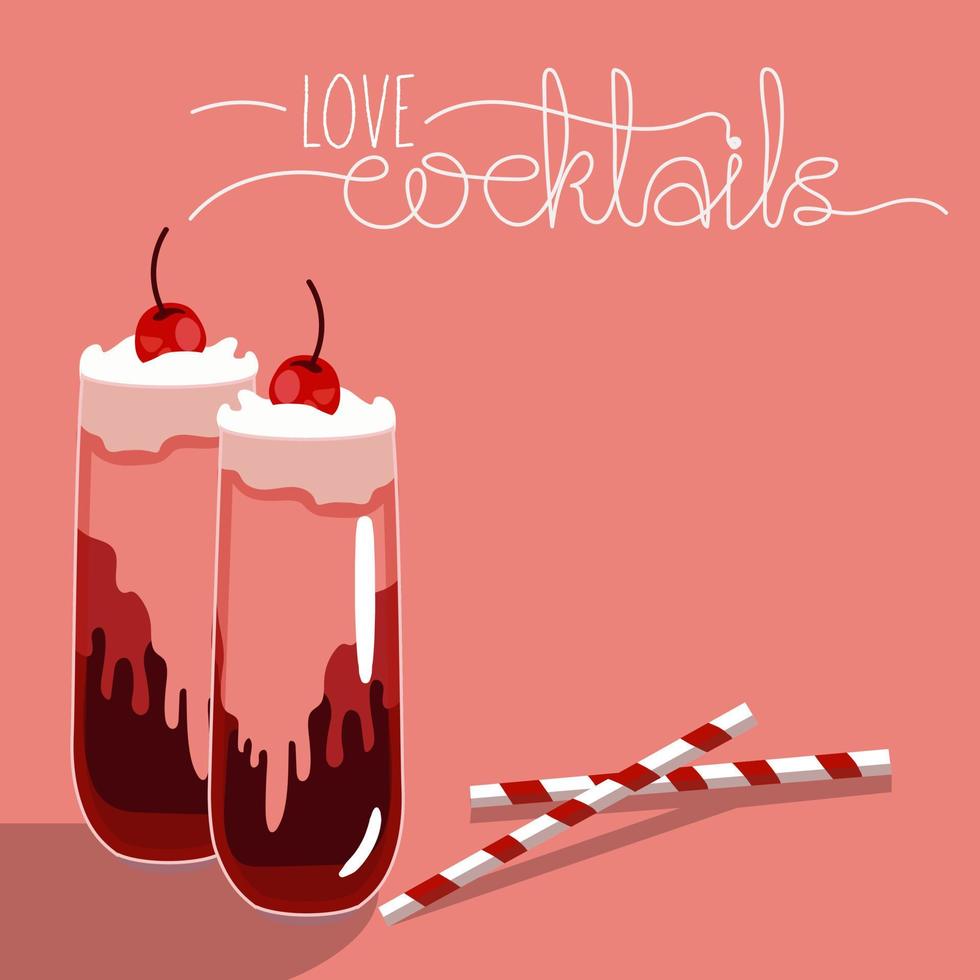 Two cherry cocktails for Valentine's Day. A glass glass with a cherry. An illustration for a party on an abstract background. Vector illustration. Suitable for banner printing