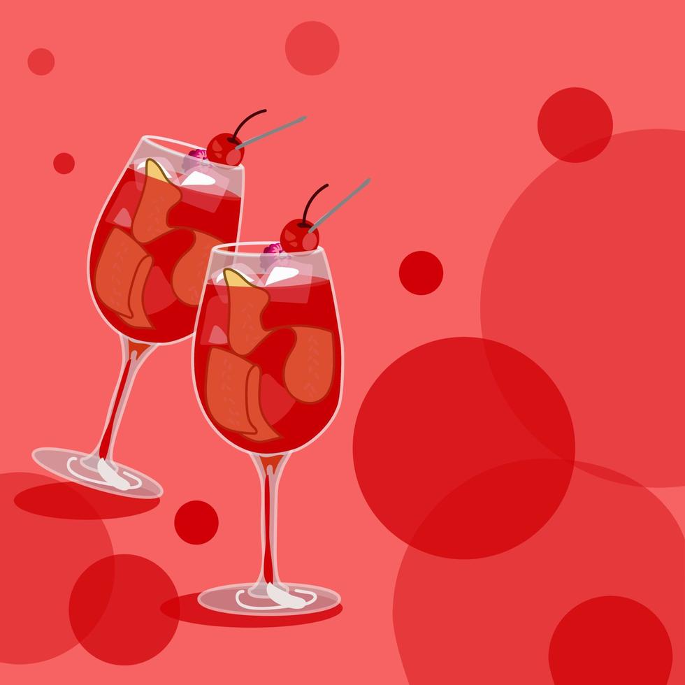 A few cocktails for Valentine's Day aperol cherry. A glass glass with a cherry. An illustration for a party on an abstract background. Vector illustration. Suitable for banner printing