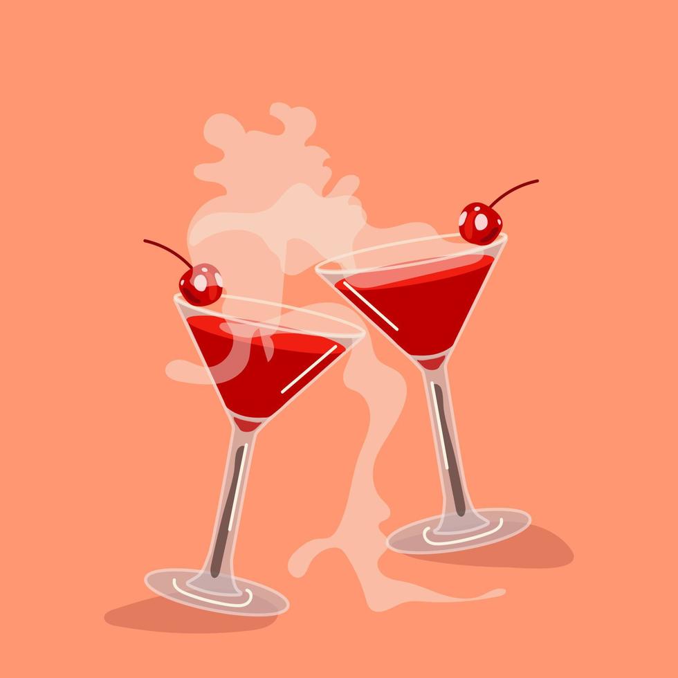 Two cherry martini cocktails for Valentine's Day. A glass glass with a cherry and smoke from cold ice. An illustration for a party on an abstract background. Vector illustration. Suitable for banner