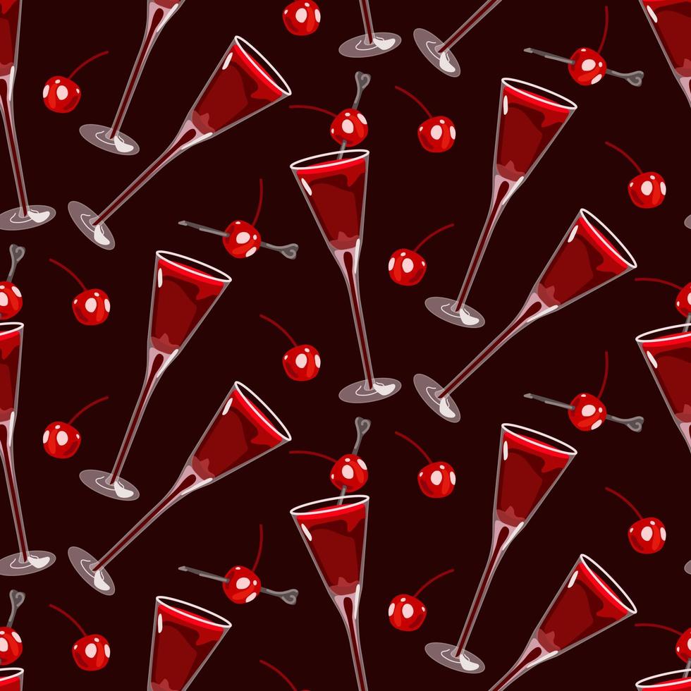A pattern of several glasses with cherry tincture for Valentine's Day. Glass glasses with cherries on a skewer. Background for printing on textiles and paper. Festive packaging. Vector illustration.