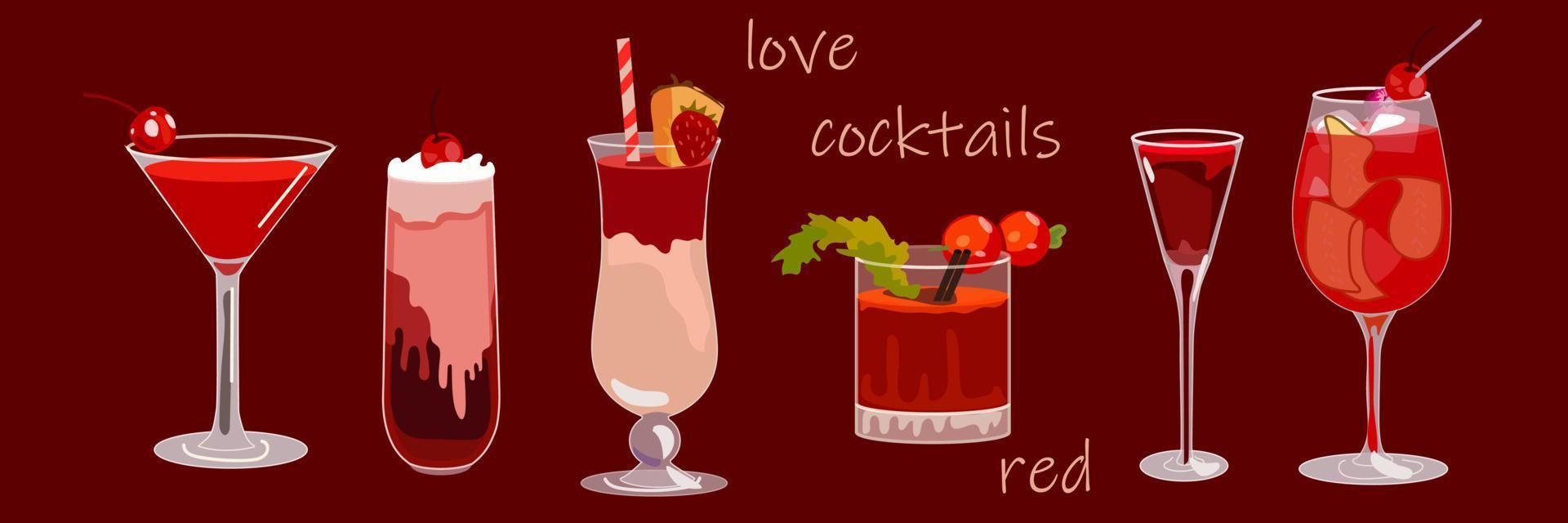 A set of several cocktails for Valentine's Day. Glass glasses in different styles and with different drinks. Illustration for a party. Vector illustration. Suitable for banner printing