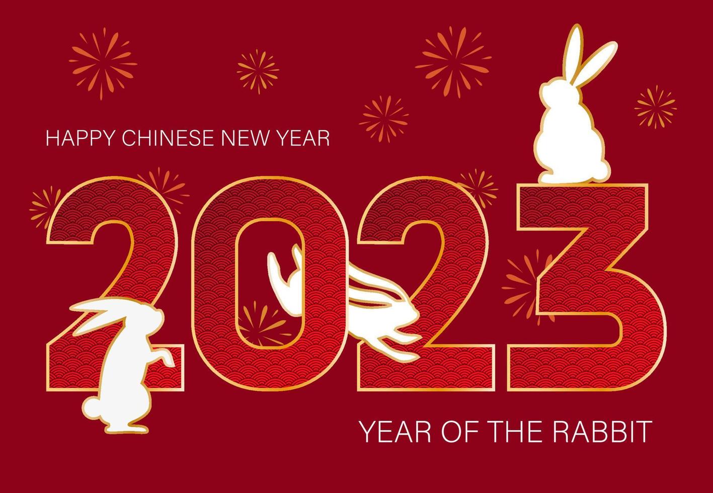 Chinese New Year greeting card with 2023 number and white rabbits, with asian pattern and fireworks on the background. Vector invitation, greeting, poster, banner for celebration events.