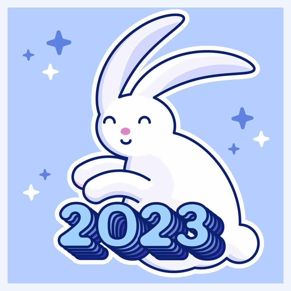 Cute white rabbit sticker, Chinese New Year symbol of the 2023 year  with 2023 text, vector illustration.