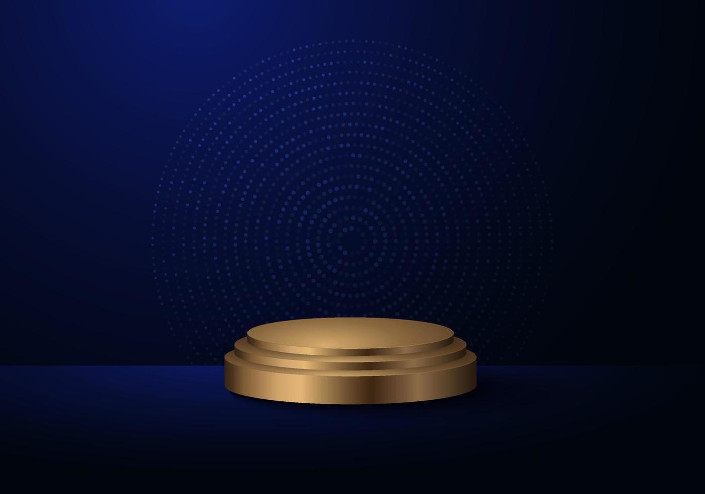 Abstract techno futurisitc cyber stage of blue digital circles halftone. Decorating with golden podium on center background. vector