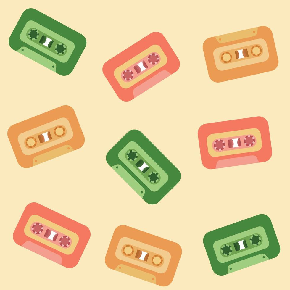 Retro y2k disco cassettes seamless pattern in pastel colors. Radio audio records diverse old music. vector