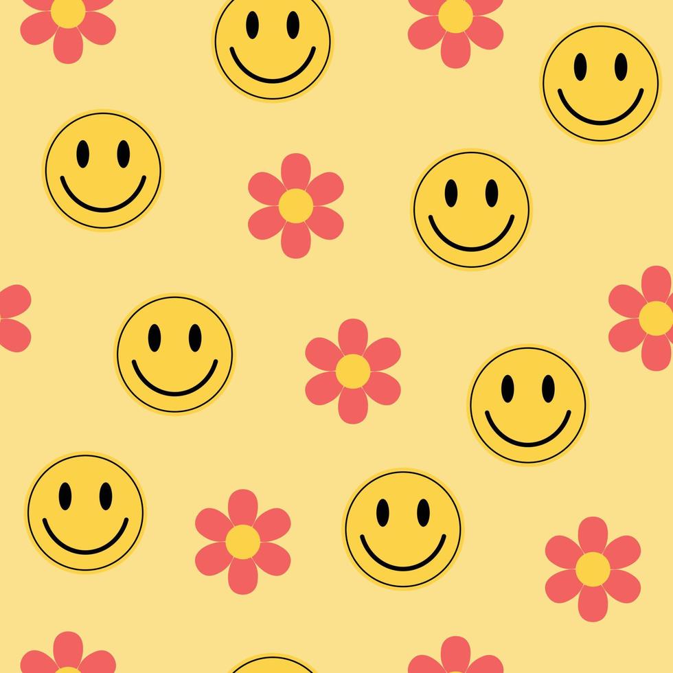 Hippie y2k groovy emojis and flowers seamless pattern. Yellow smile stickers and pink color flowers. vector