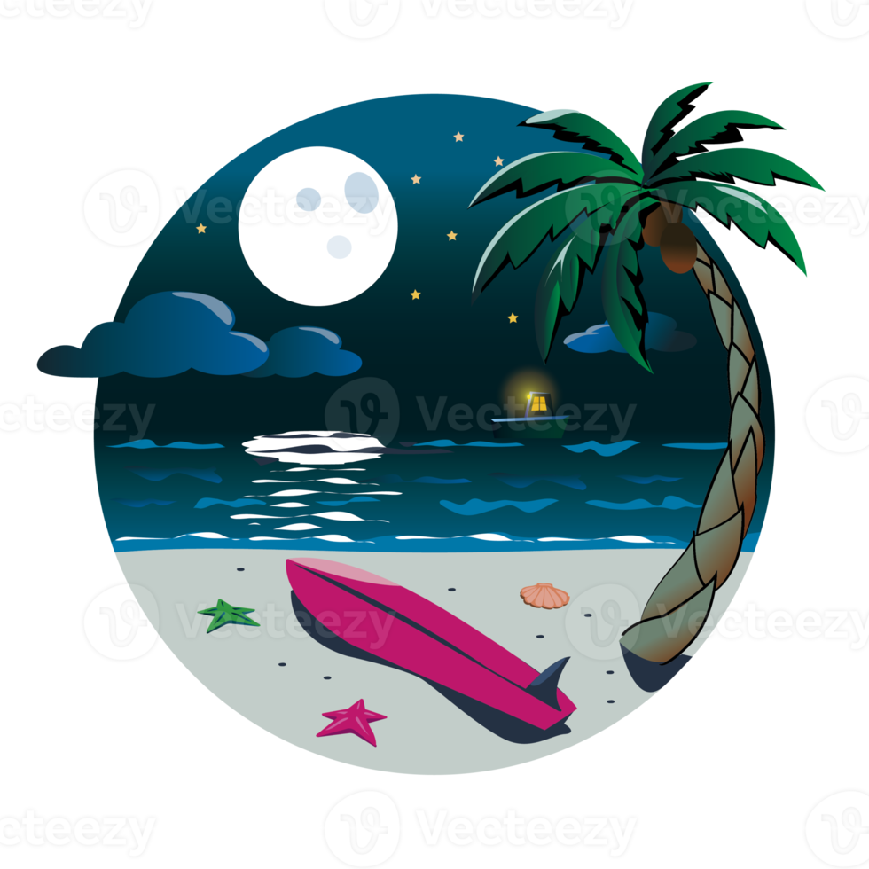 tropical island with palm trees, summer landscape. Palms trees, full moon, night beach png