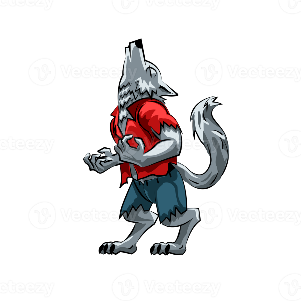 loup-garou de dessin animé hurlant avec une chemise rouge. illustration png