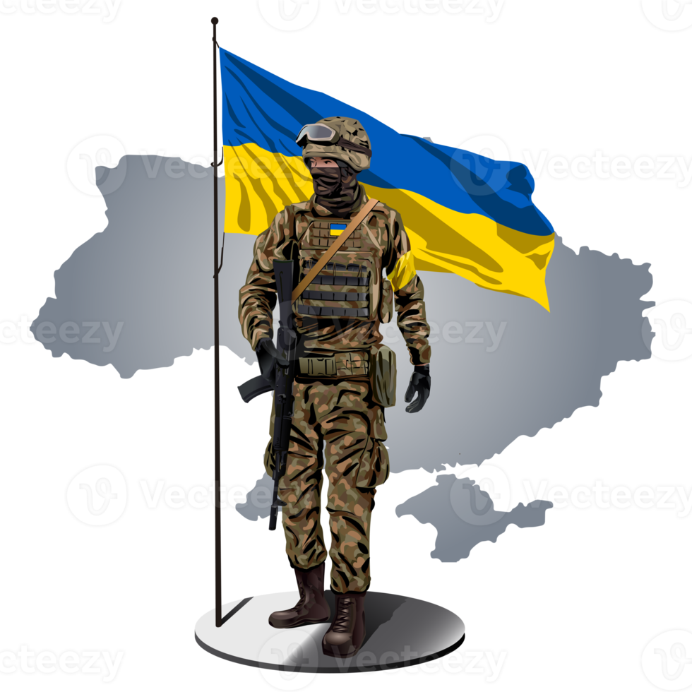 ukrainischer Soldat mit ukrainischer Flagge und Karte dahinter. png
