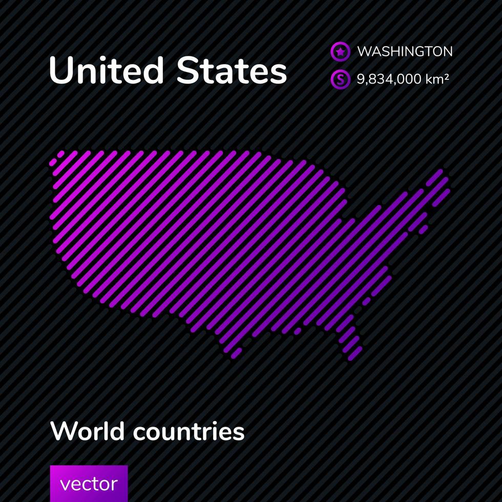 Mapa abstracto vectorial de EE.UU. con textura rayada violeta y fondo oscuro rayado vector