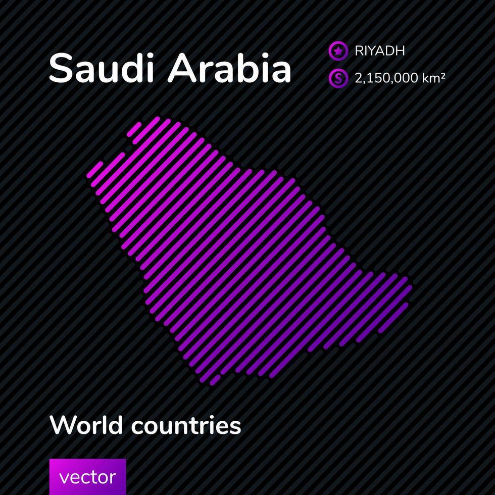 Vector abstract map of Saudi Arabia with violet striped texture and striped dark background