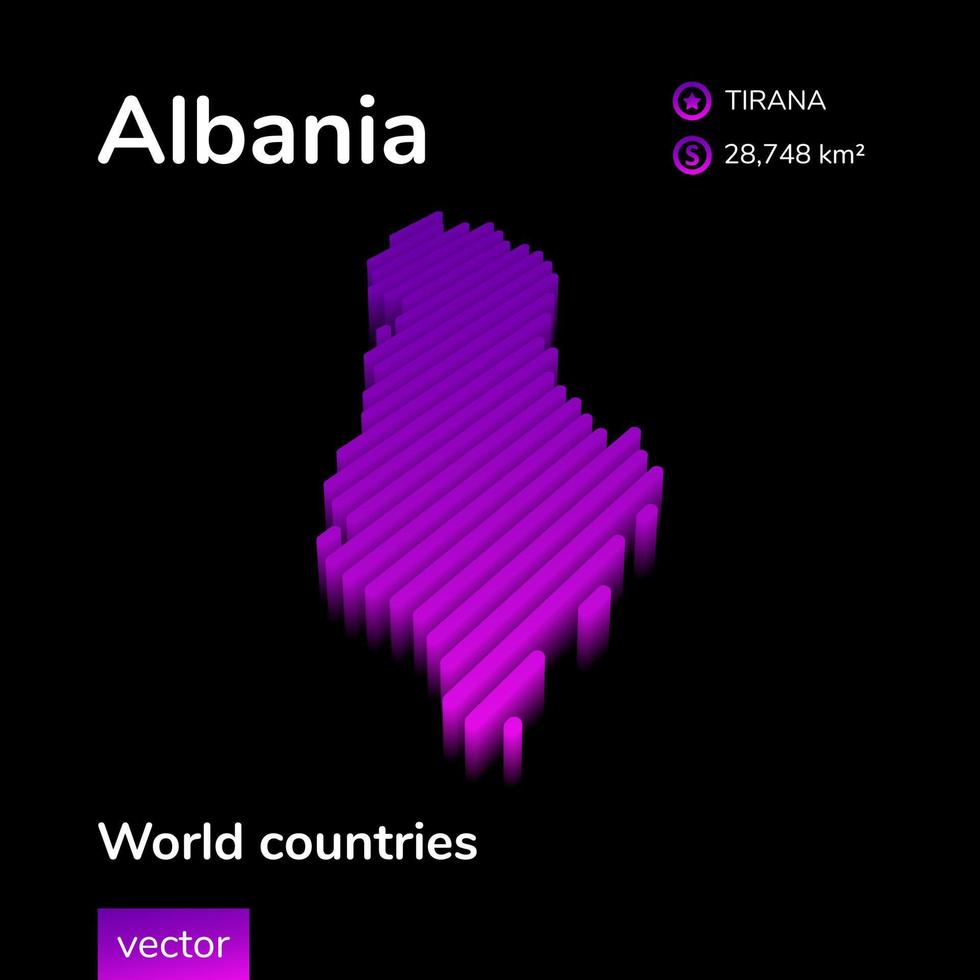 3D Map of Albania. Stylized neon digital isometric striped vector map in violet, pink colors on the black background. Educational banner, poster, flyer about Albania country