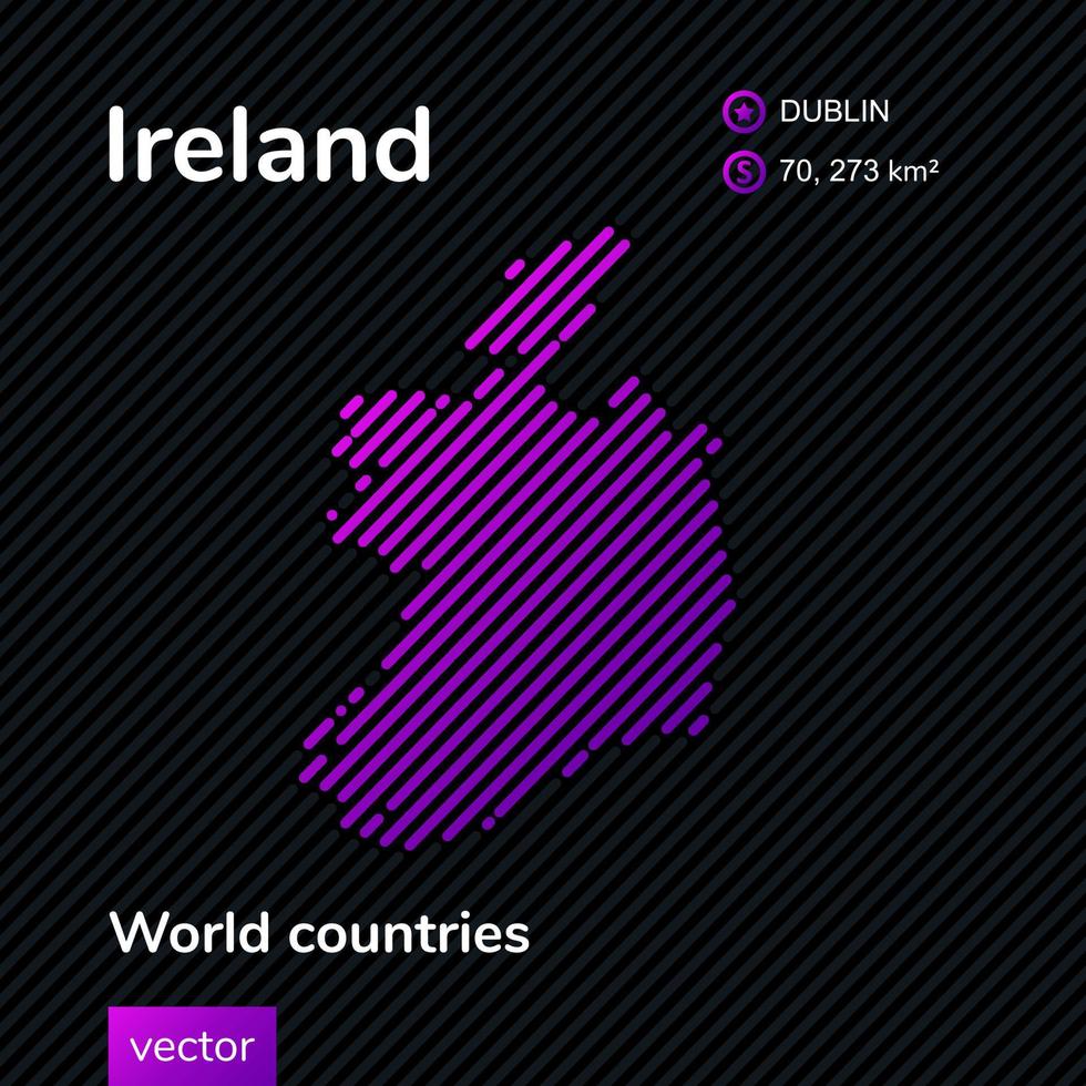Vector creative digital neon flat line art abstract simple map of Ireland with violet, purple, pink striped texture on black background. Educational banner, poster about Ireland