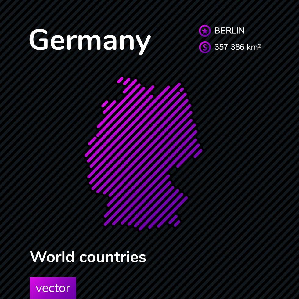 Vector creative digital neon flat line art abstract simple map of Germany with violet, purple, pink striped texture on black background. Educational banner, poster about Germany