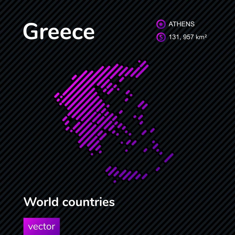 Vector creative digital neon flat line art abstract simple map of Greece with violet, purple, pink striped texture on black background. Educational banner, poster about Greece