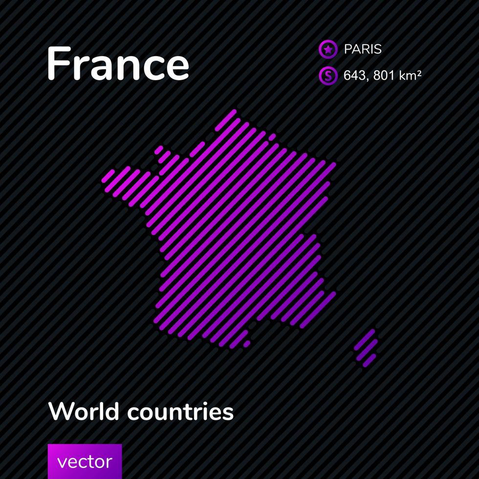 Vector creative digital neon flat line art abstract simple map of France with violet, purple, pink striped texture on black background. Educational banner, poster about France