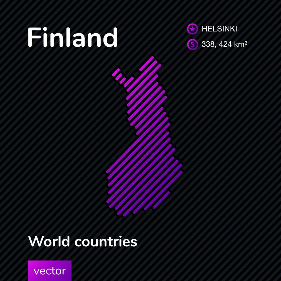 Vector creative digital neon flat line art abstract simple map of Finland with violet, purple, pink striped texture on black background. Educational banner, poster about Finland