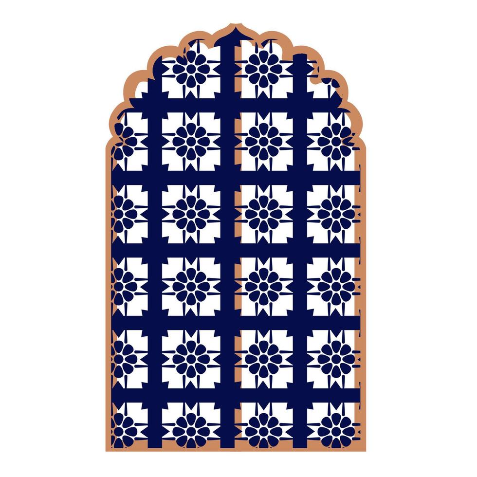 ventana o puerta islámica. marco decorativo cúpula de mezquita y linternas. conjunto vectorial de adornos geométricos orientales con rejilla, malla, círculos, siluetas de flores. vector