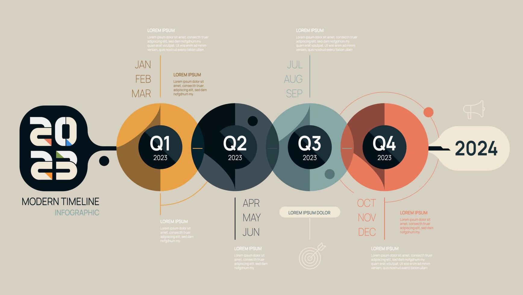 plantilla infográfica 2023 para negocios. calendario de diagrama de línea de tiempo moderno y temas de 4 trimestres, se pueden utilizar para infografías vectoriales, diagramas de flujo, presentaciones, sitios web. vector