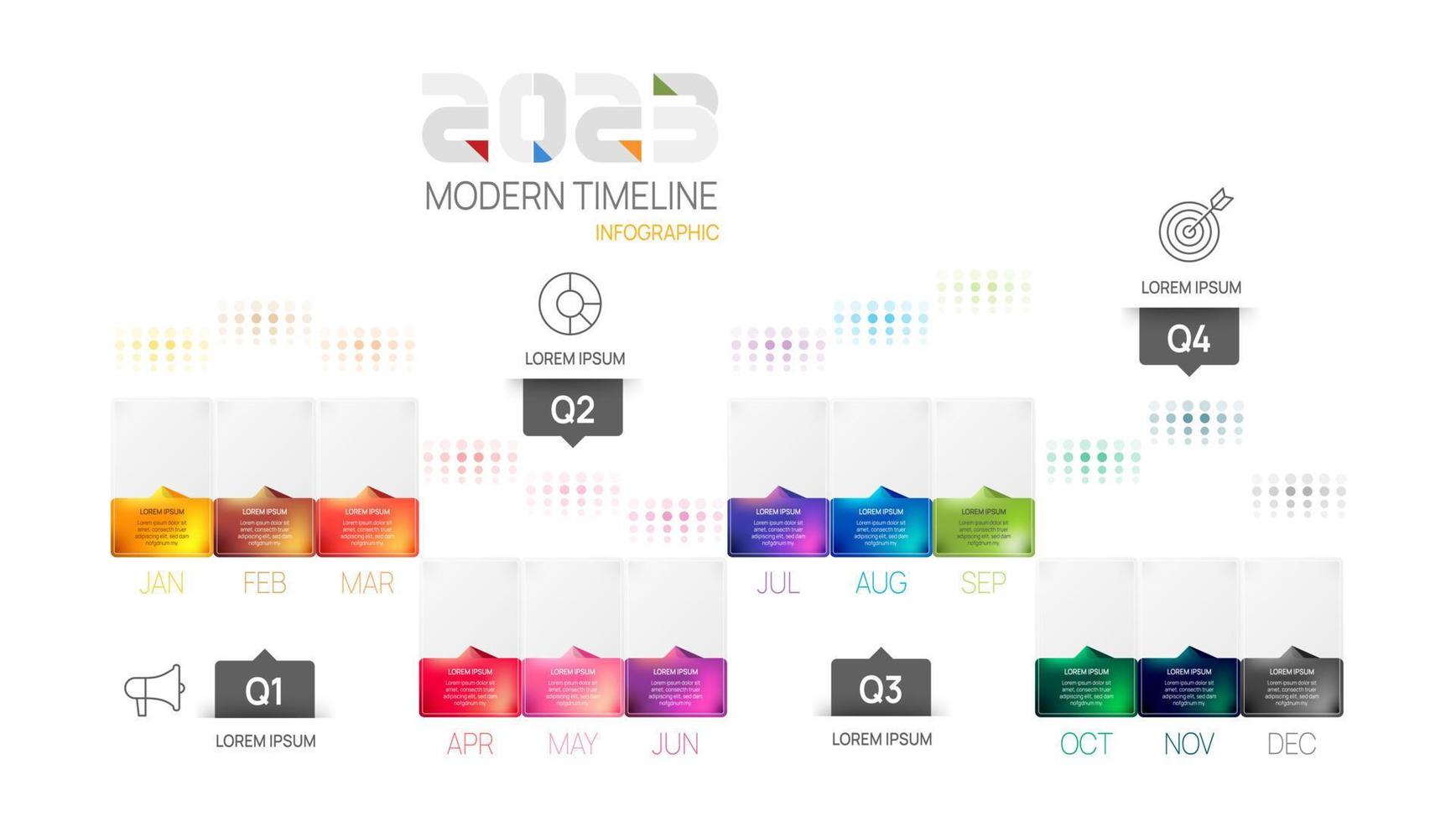 plantilla infográfica 2023 para negocios. calendario de diagrama de línea de tiempo moderno y temas de 4 trimestres, se pueden utilizar para infografías vectoriales, diagramas de flujo, presentaciones, sitios web. vector