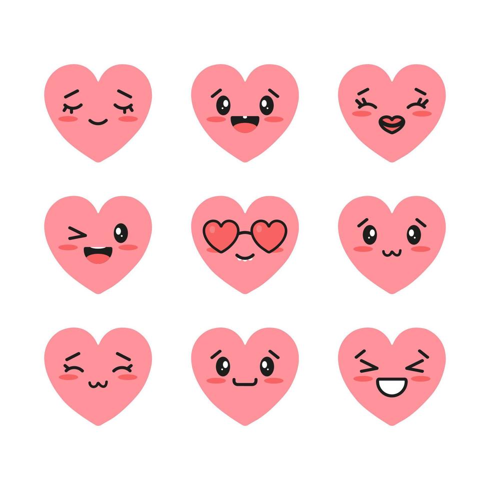 conjunto de corazones rosas con emociones positivas kawaii. iconos de corazones aislados sobre fondo blanco. ilustración vectorial vector