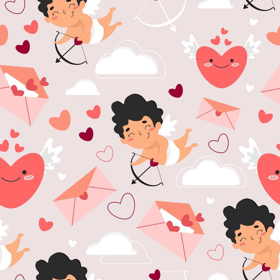 Seamless Pattern for Valentine's Day. Cupid, Hearts, arrows of Cupid, messages of love. Flat Vector illustration.