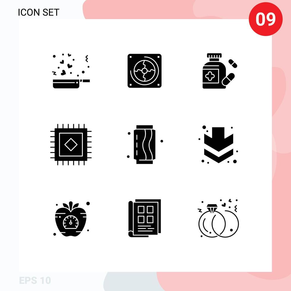 Universal Icon Symbols Group of 9 Modern Solid Glyphs of soda fast medical drink rug Editable Vector Design Elements