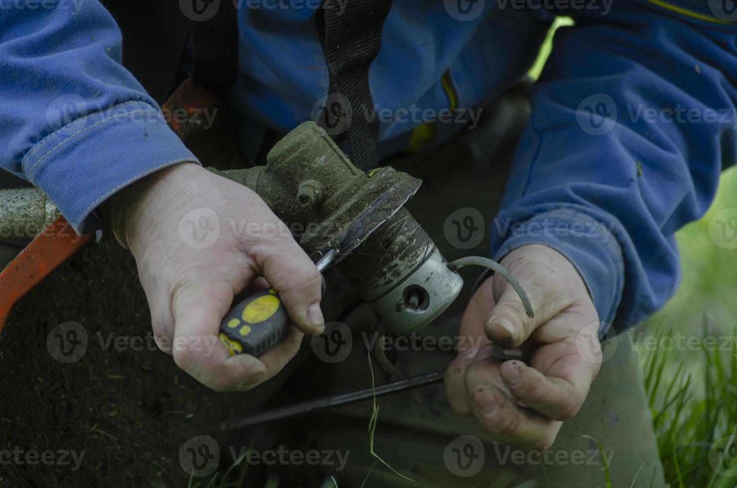 sustitución de la línea de pesca en una cortadora de césped con herramientas foto