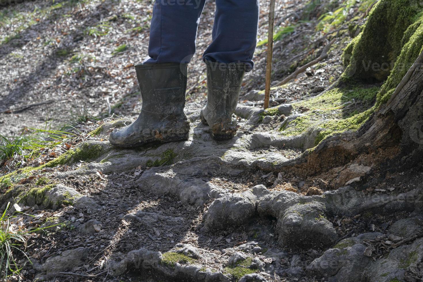 the legs of an adult dressed in travel boots are walking through a green forest. the concept of travel and hiking. photo