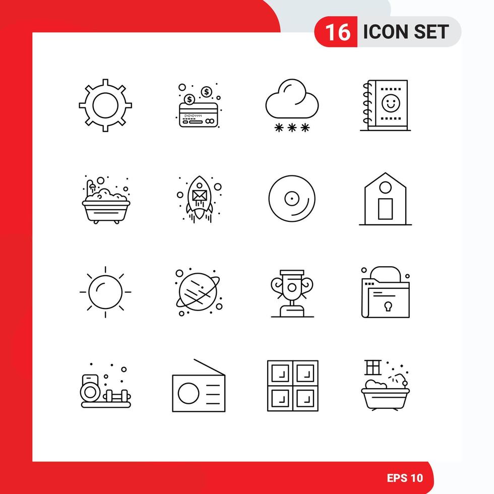 Group of 16 Outlines Signs and Symbols for bathroom bathtub forecast bath office Editable Vector Design Elements