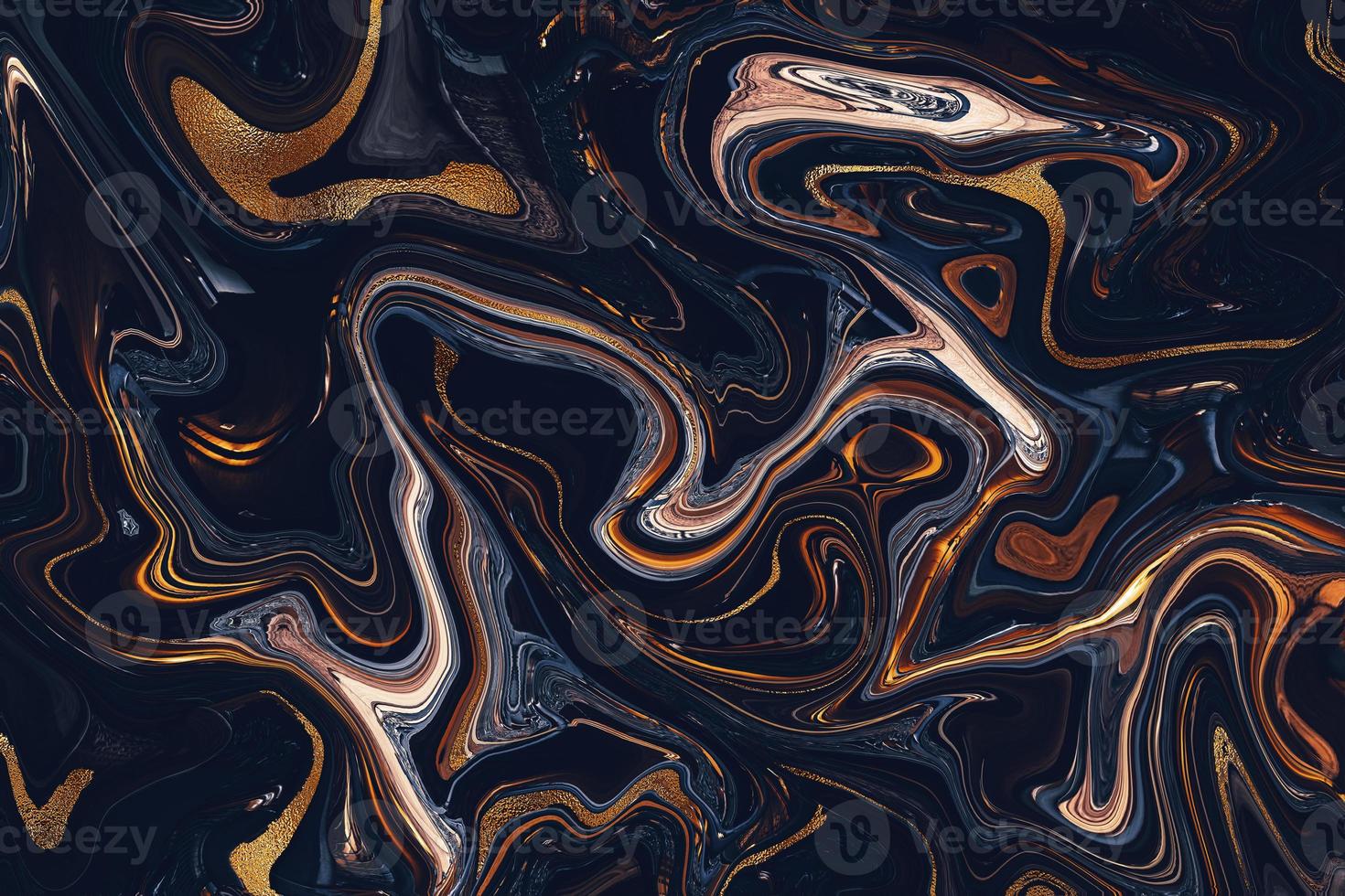 Abstract marble background with gold waves and curls. Liquid marbled dark blue, orange golden luxury texture. Natural fluid art painting in alcohol ink technique. Agate ripple pattern. photo