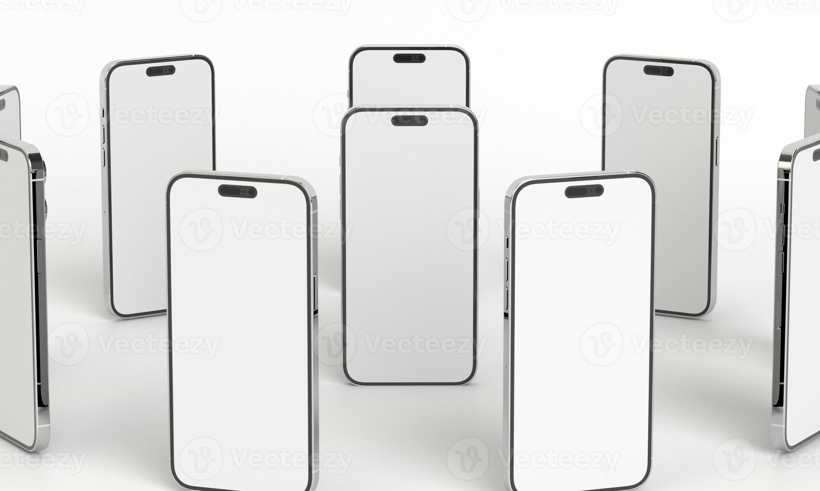 Illustration 3d render of isometric rectangles simulating a telephone in a 3d space 14 with blank spaces. From different perspectives and views to help rock up for applications. iPhone pro photo