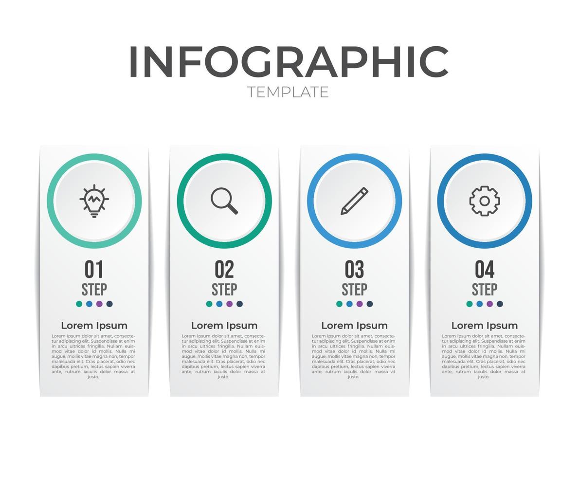 plantilla de elemento infográfico con 4 pasos e iconos, ilustración vectorial, visualización de datos, puede usarse para flujo de trabajo, línea de tiempo, pancarta, folleto, diapositiva de presentación, etc. vector