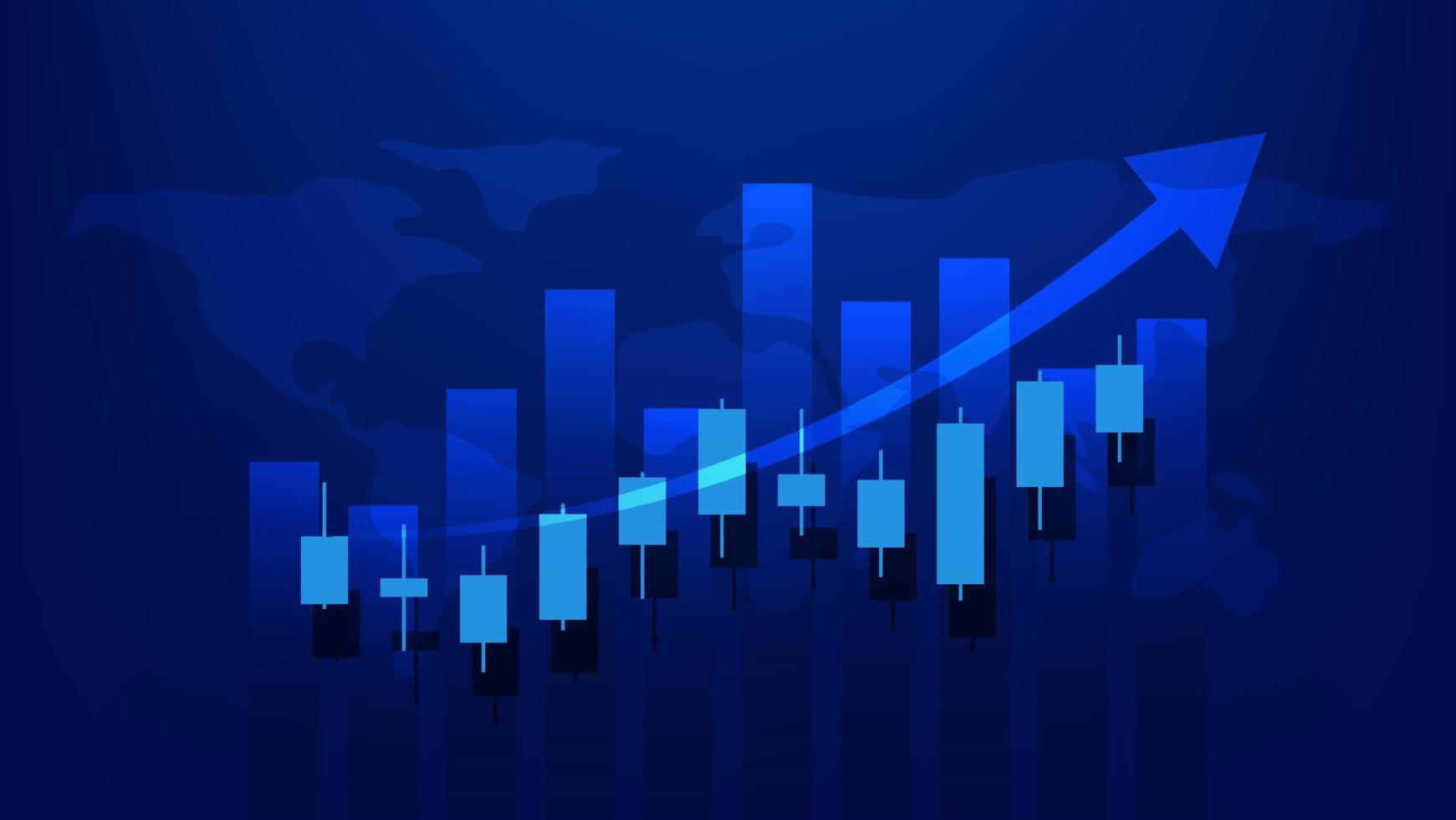 Financial business statistics with bar graph and candlestick chart show stock market price and effective earning on blue background vector