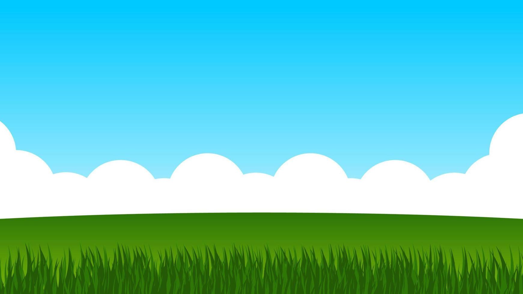 landscape cartoon scene. green field with white cloud and blue sky vector