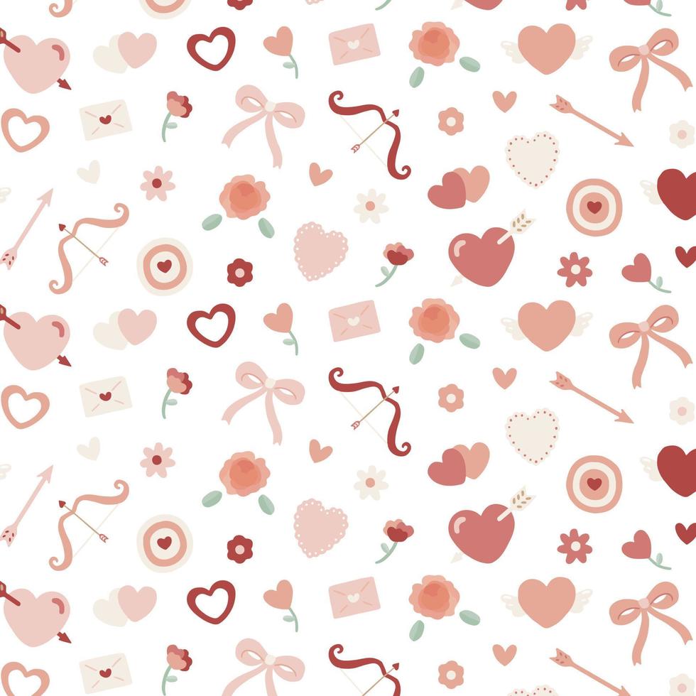 patrón de san valentín con corazón, flor, arco, arco de cupido, carta de amor, flecha, dardo, rosa. ilustración vectorial dibujada a mano. vector