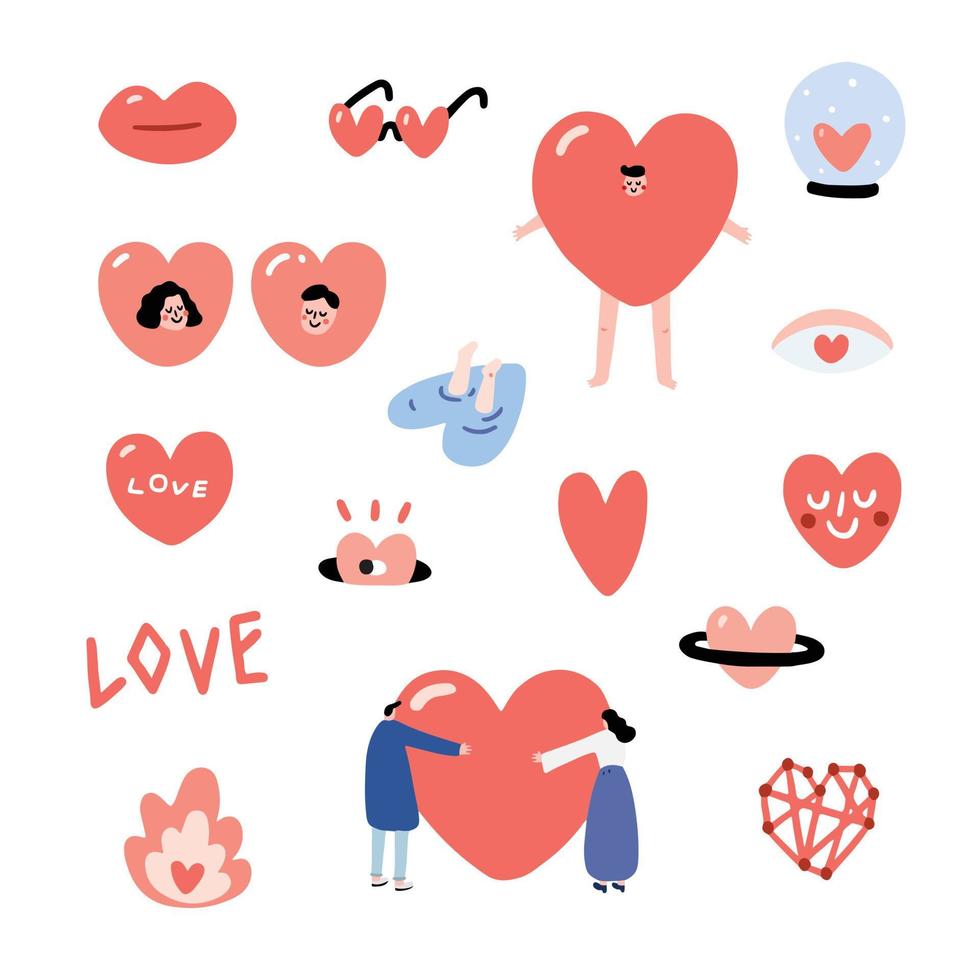 Set of Valentines hand drawn vector illustration with a lip,eyes, sunglasses, glass ball, hole, , man, girl, people hug, font, connect dot, costume,smiley, fire,planet. Heart character set.
