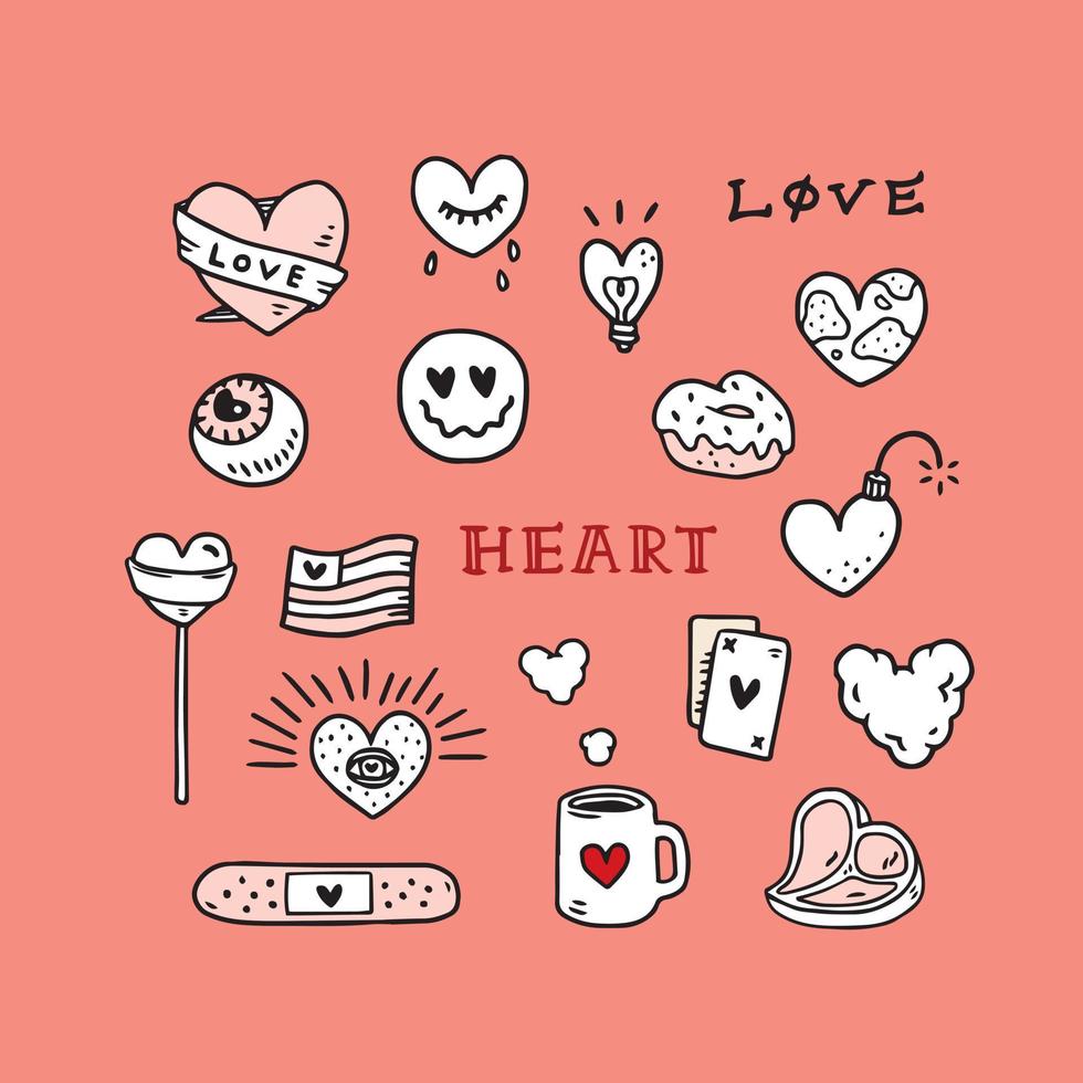 conjunto de tatuajes de amor dibujados a mano ilustración vectorial con smiley, caramelo, taza, donut, luz, bomba, bandera, ojo, tarjeta, cinta. texto de amor y corazón. colección de amor de pegatinas del día de san valentín. conjunto de diseños de tatuajes. vector