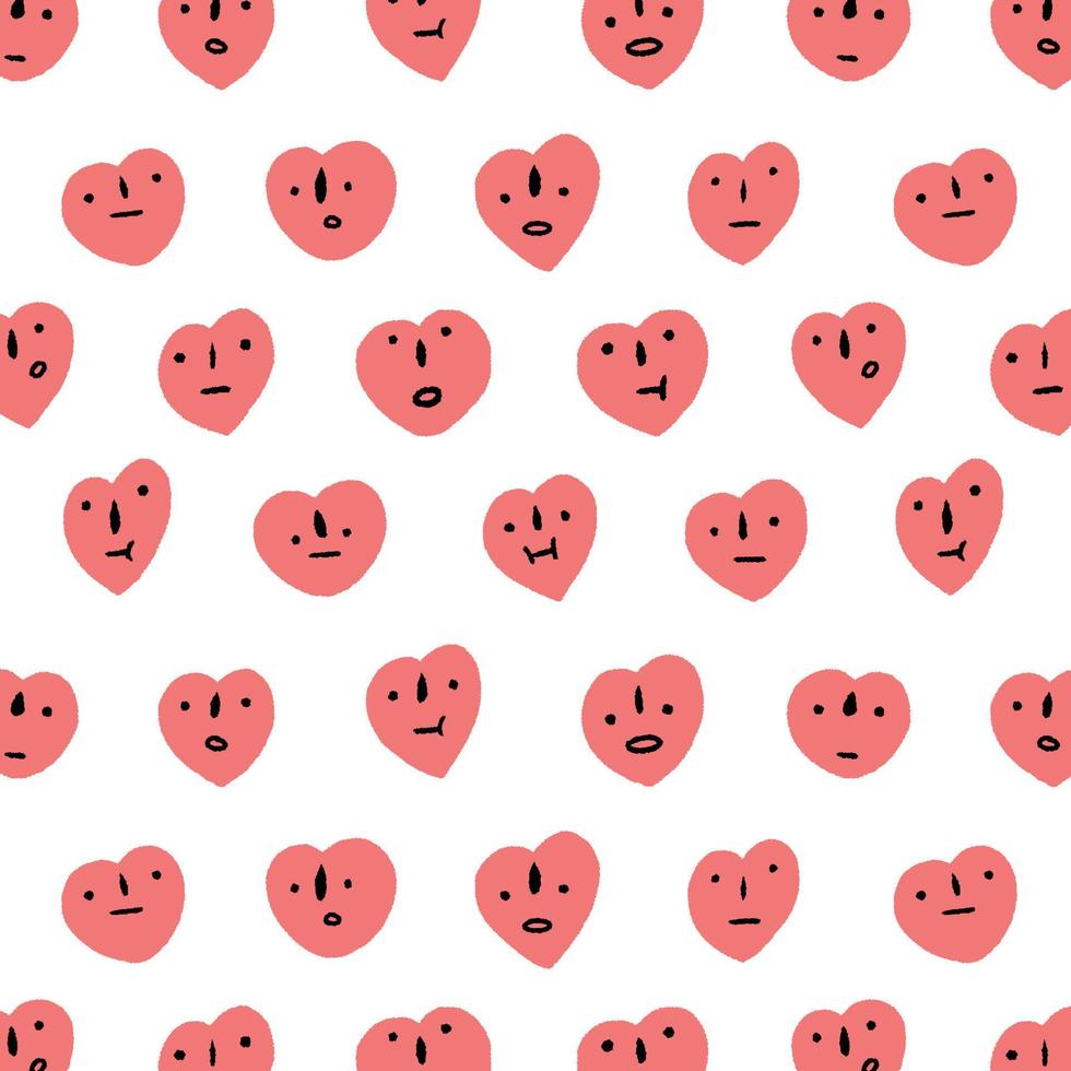Hand drawn vector illustration of heart with face pattern on white background. Pattern for textile, fabric, wrapping paper.