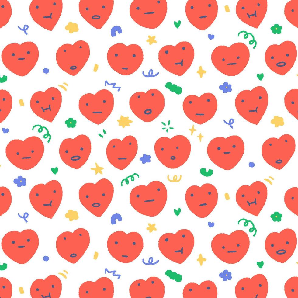 Hand drawn pattern vector illustration of heart with face in cartoon style. Pattern for textile, fabric, wrapping paper.