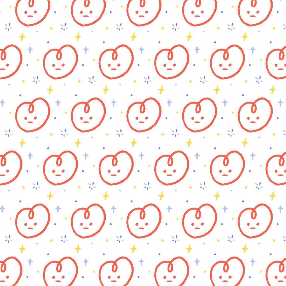 Hand drawn pattern vector illustration of heart with face in cartoon style. Pattern for textile, fabric, wrapping paper.