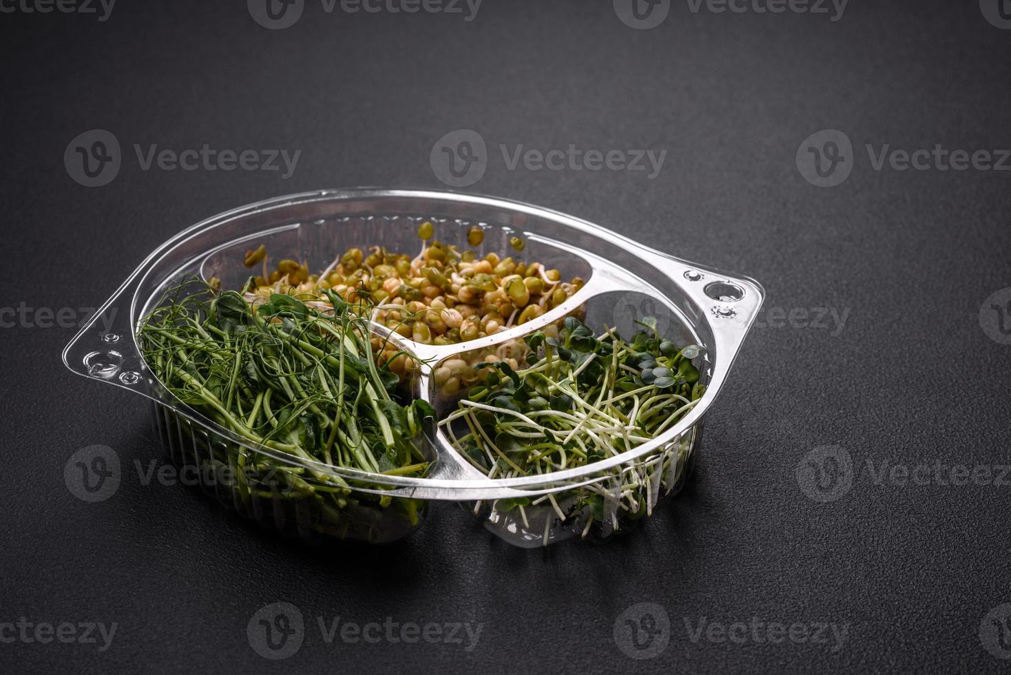 A set or mix of pea, mustard and sprouted mung bean microgreens in a portioned plastic box photo