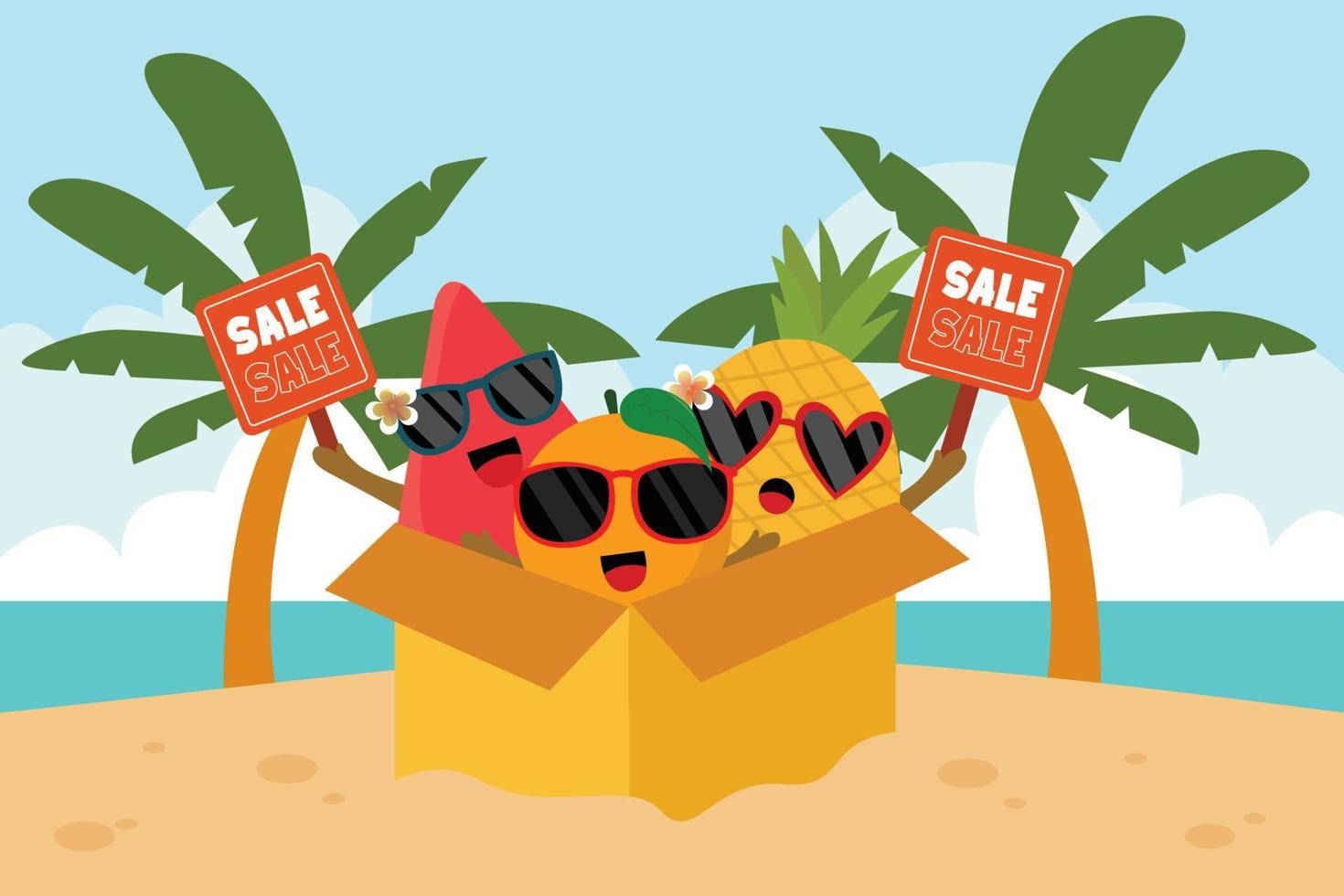 personajes de venta de verano en una caja en la playa diseño vectorial simple y lindo vector