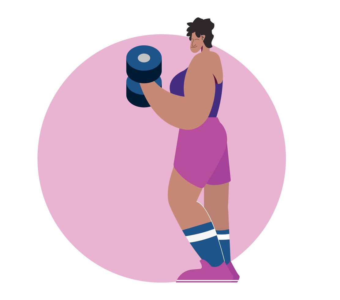 Woman character is lifting barbell with one hand. She's doing fitness exercises vector