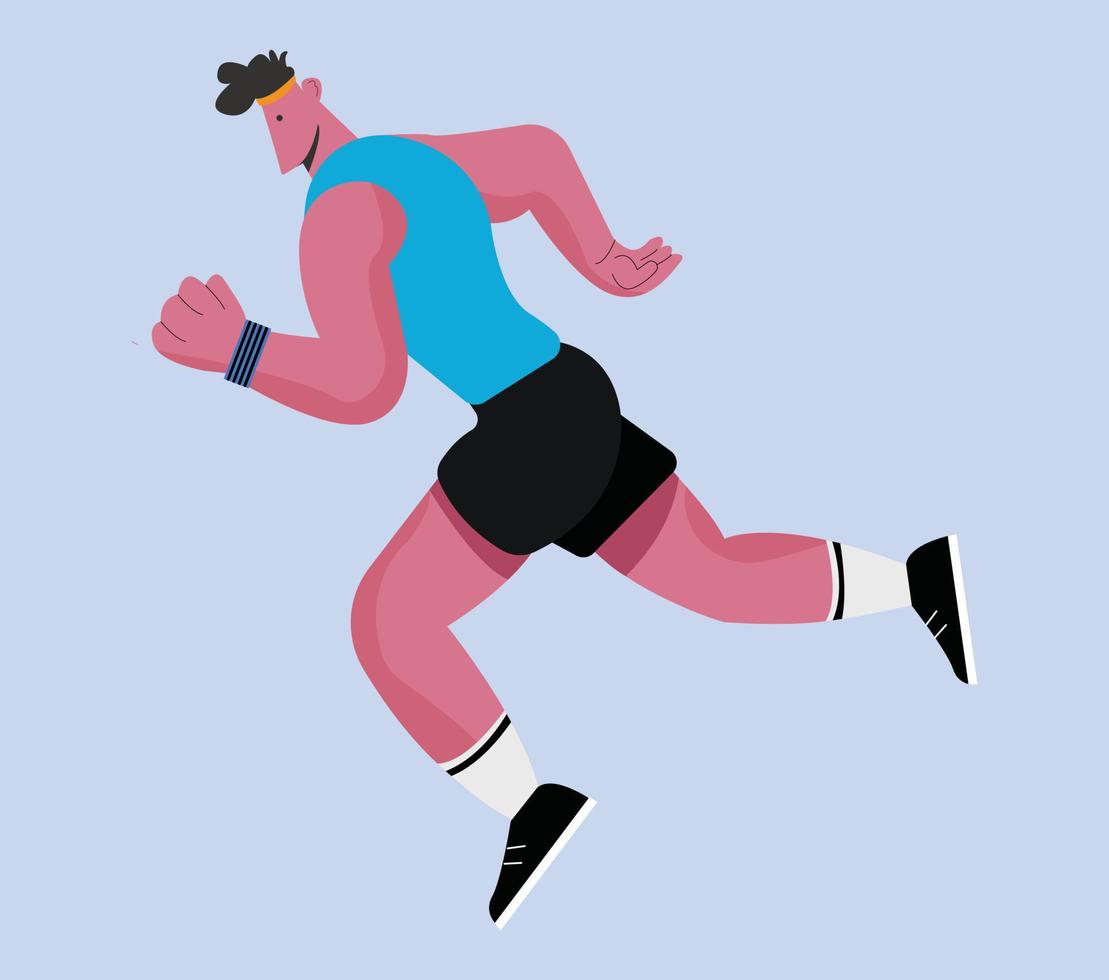 deporte de hombre corriendo, una ilustración vectorial de diseño plano con un hombre corriendo con una camisa azul y pantalones cortos vector