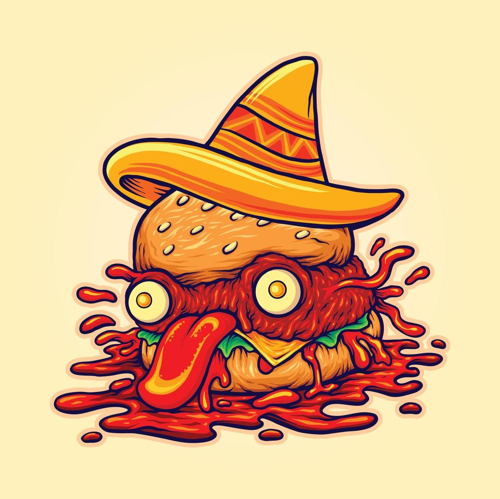 Mexican hat spicy pirates burger Mascot illustration Vector for your work Logo, mascot merchandise t-shirt, stickers and Label designs, poster, greeting cards advertising business company or brands.