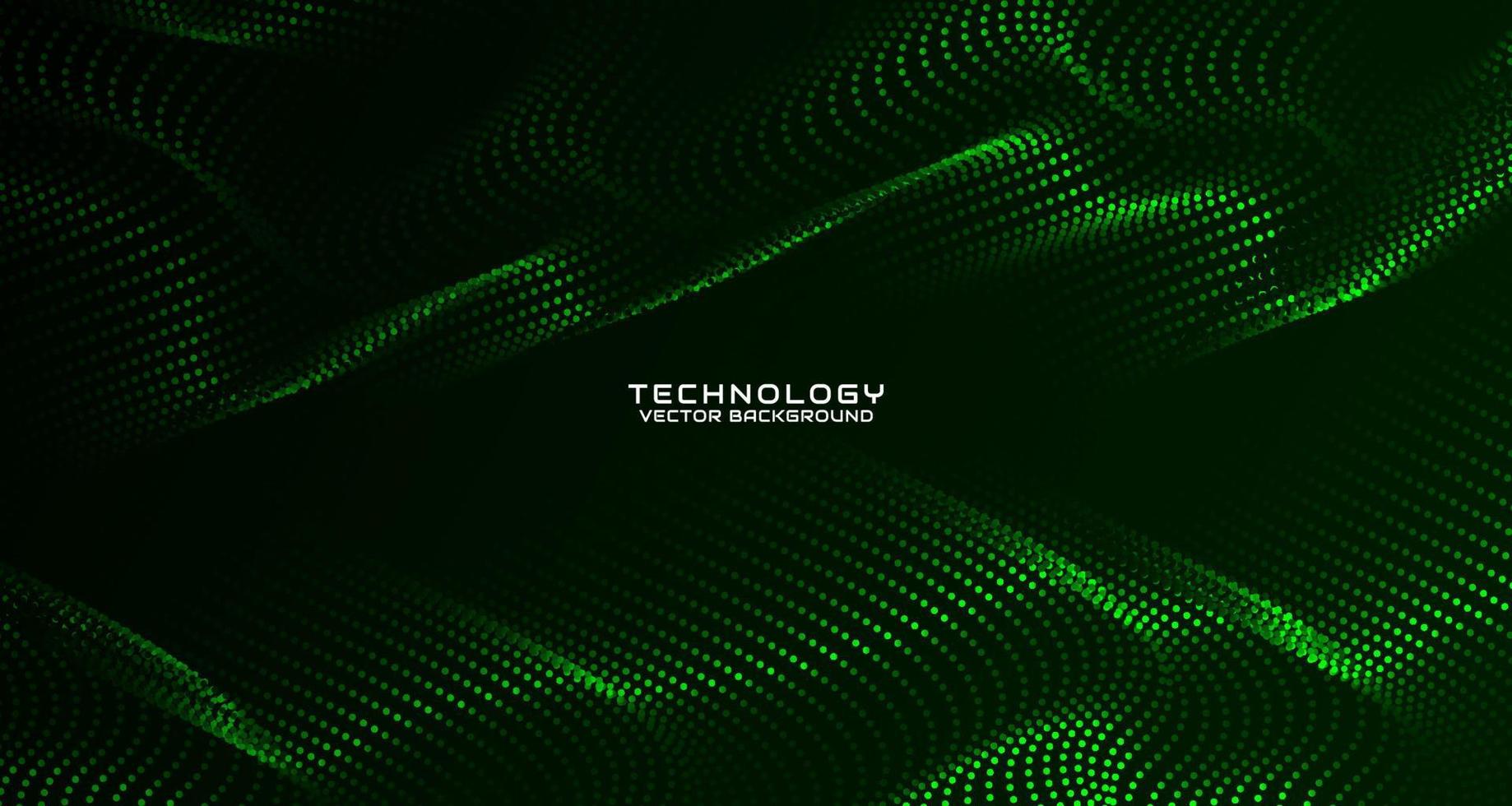 Green techno abstract background on dark space with waving particle style effect. Graphic design element with 3d moving dots flow concept for banner, flyer, card, brochure cover, or landing page vector