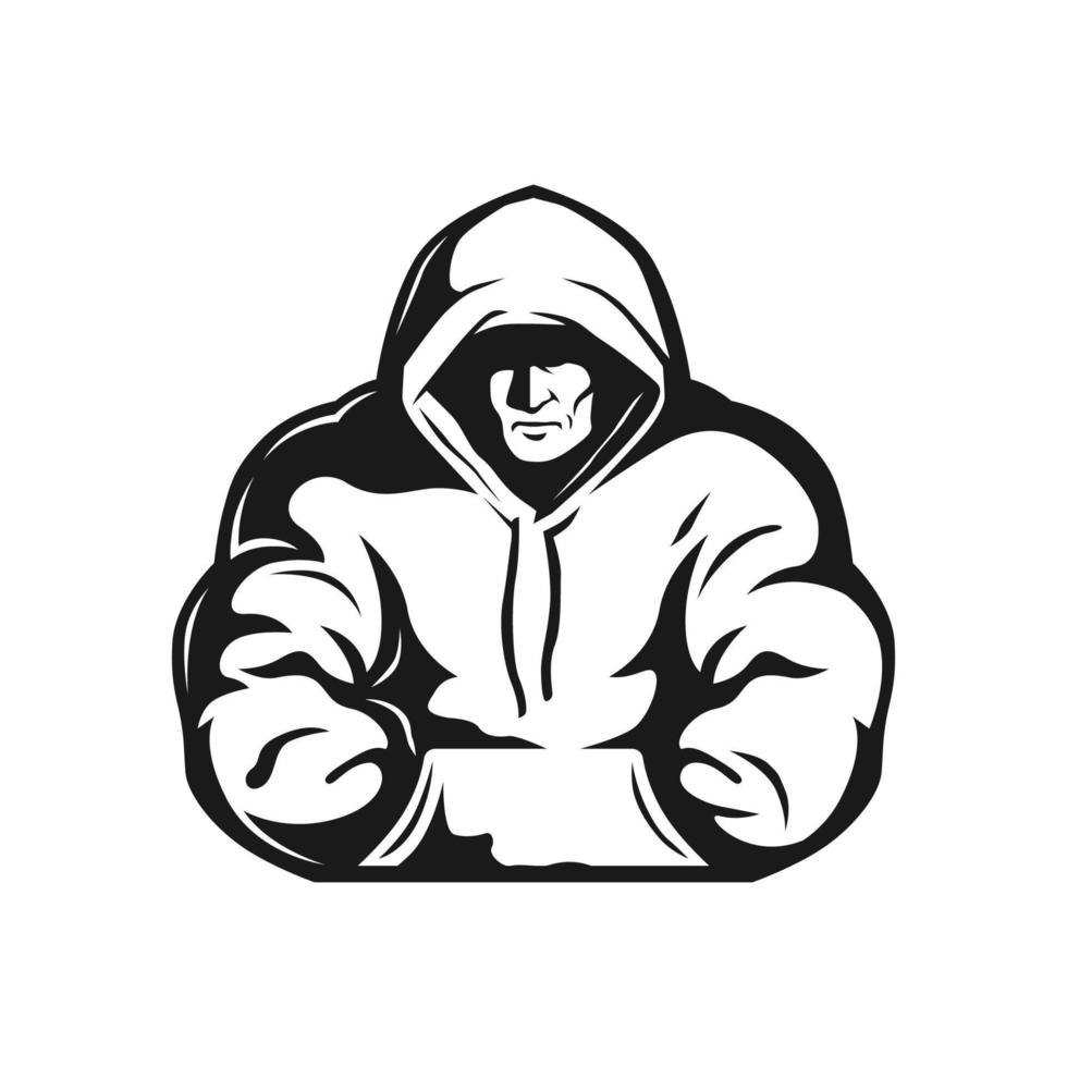 illustration of guy Hood over face a little, while looks down and to one direction and face is shadowed out. Arms are jacked with muscle in pocket of hoodie. vector illustration